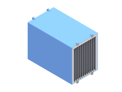 Rendering showing a louvered intake for blower housing.